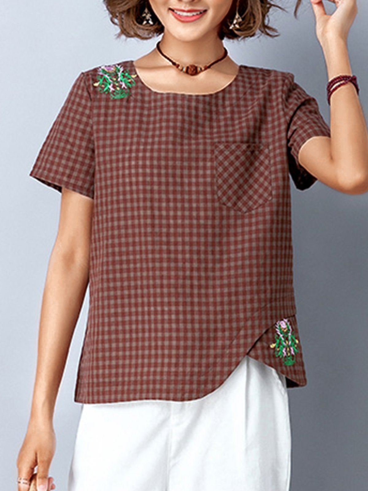 Plus Size Women Short Sleeve Round Neck Vintage Plaid Floral Casual Tops