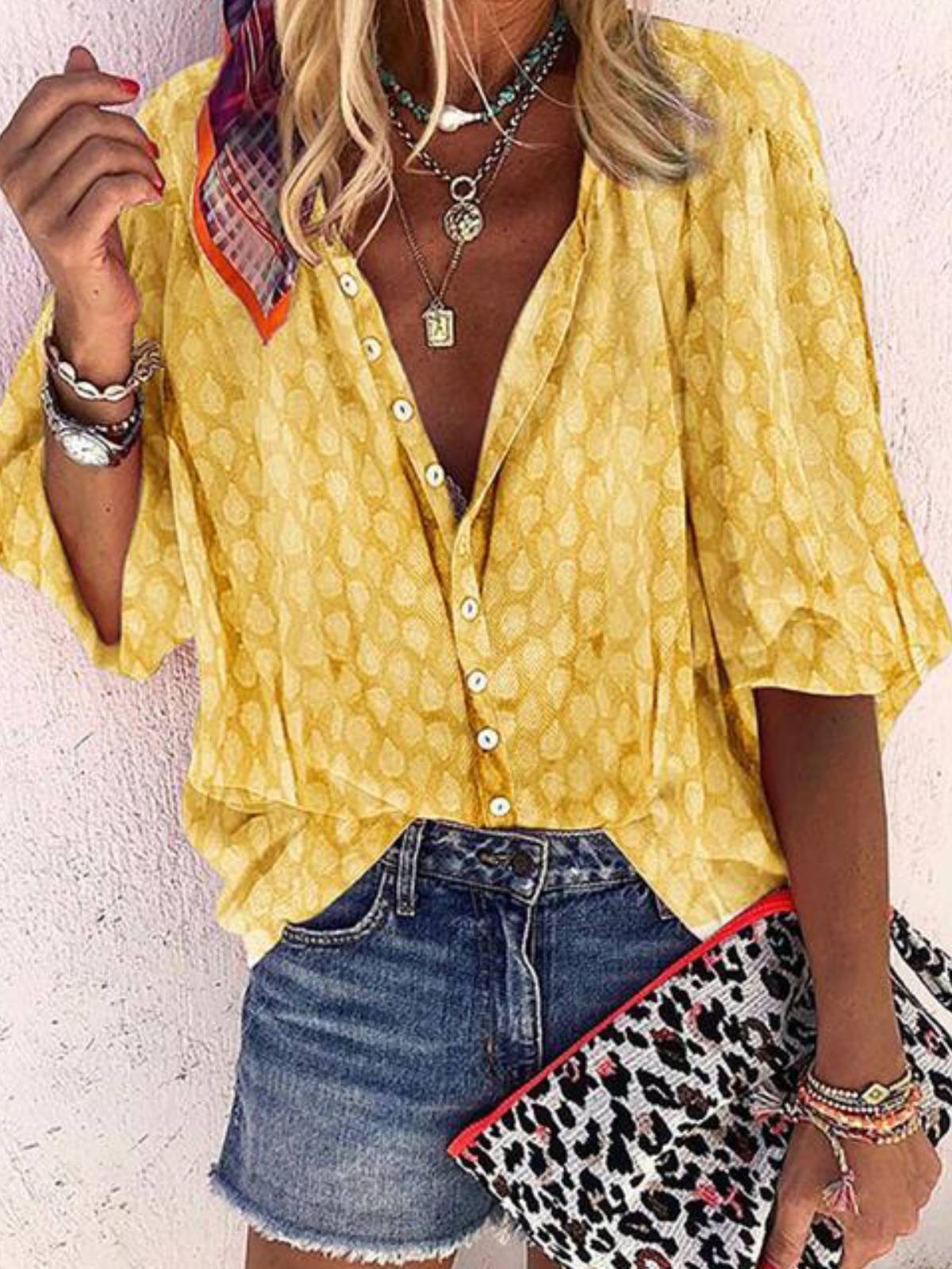 Casual Printed 3/4 Sleeve Shirts & Tops