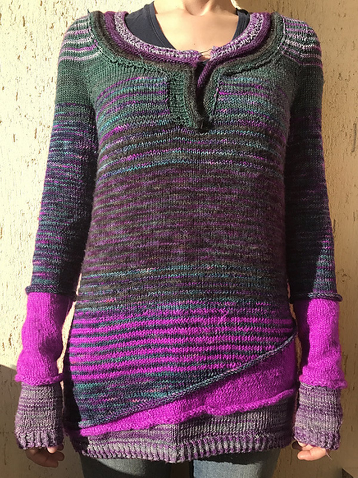 Mottled Striped Paneled Long Sleeve Women's Sweaters