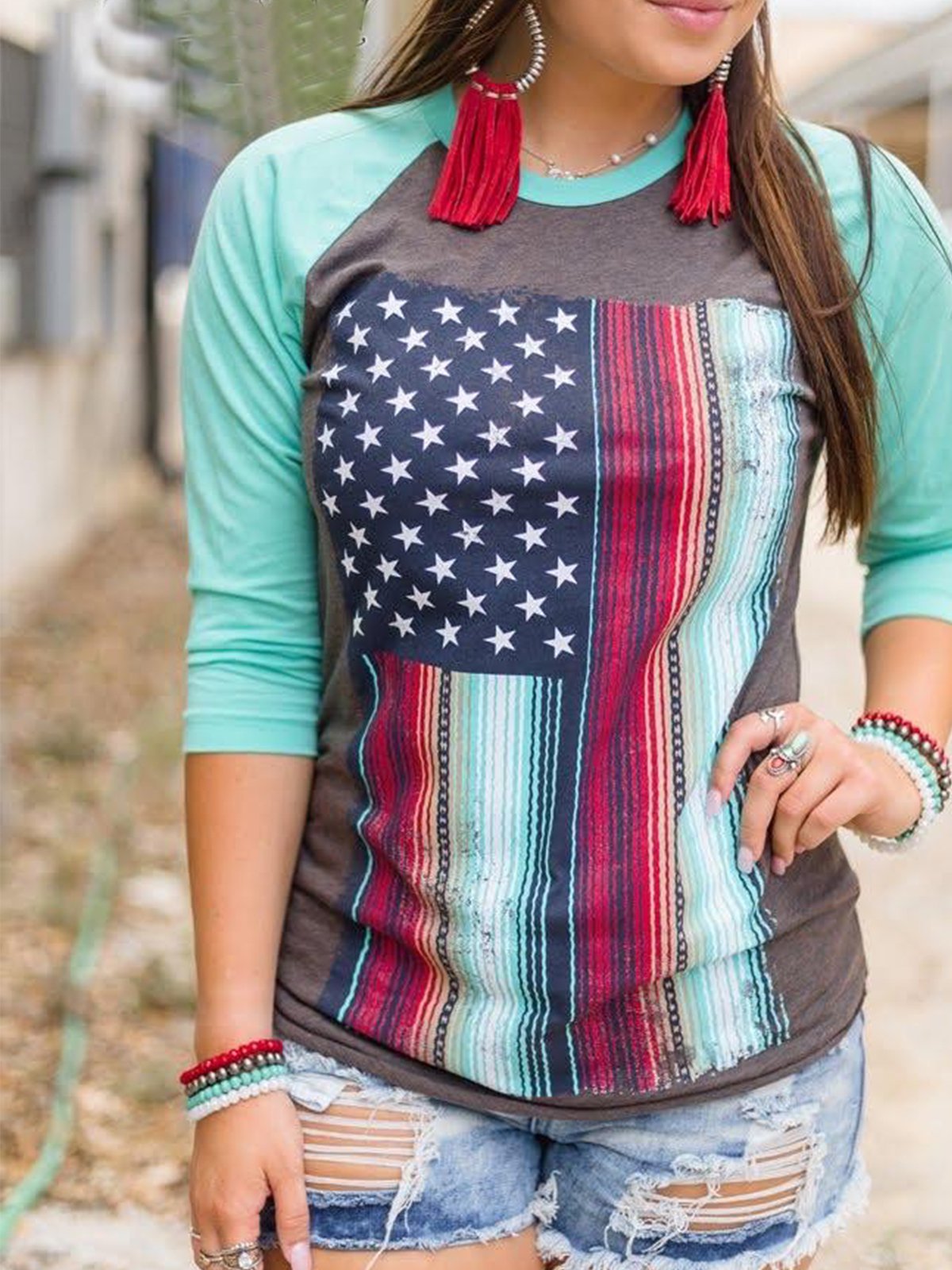 American flag 3/4 Sleeve Casual Shirts & Tops