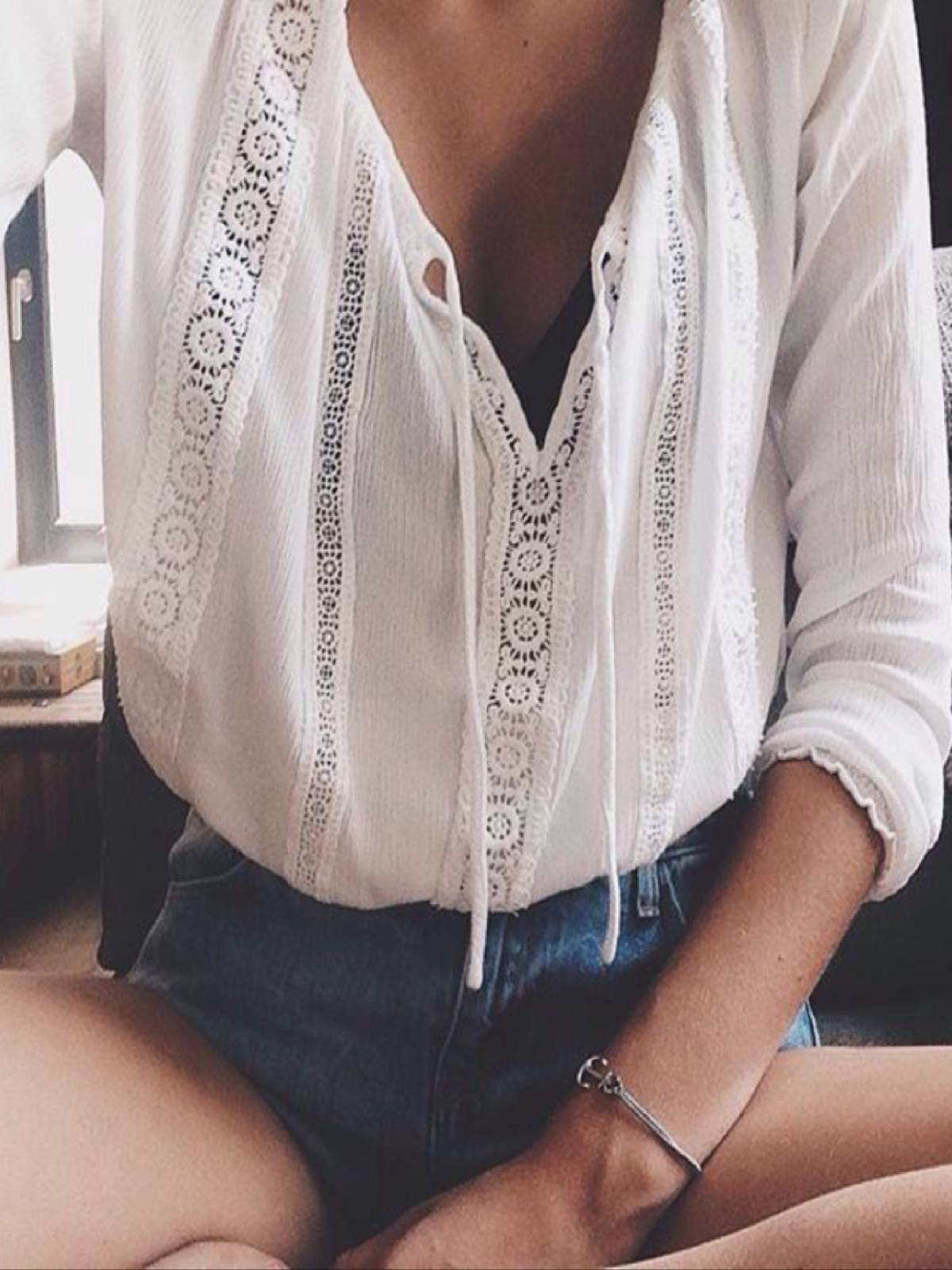 White V Neck Cotton Plain Casual Shirts & Tops