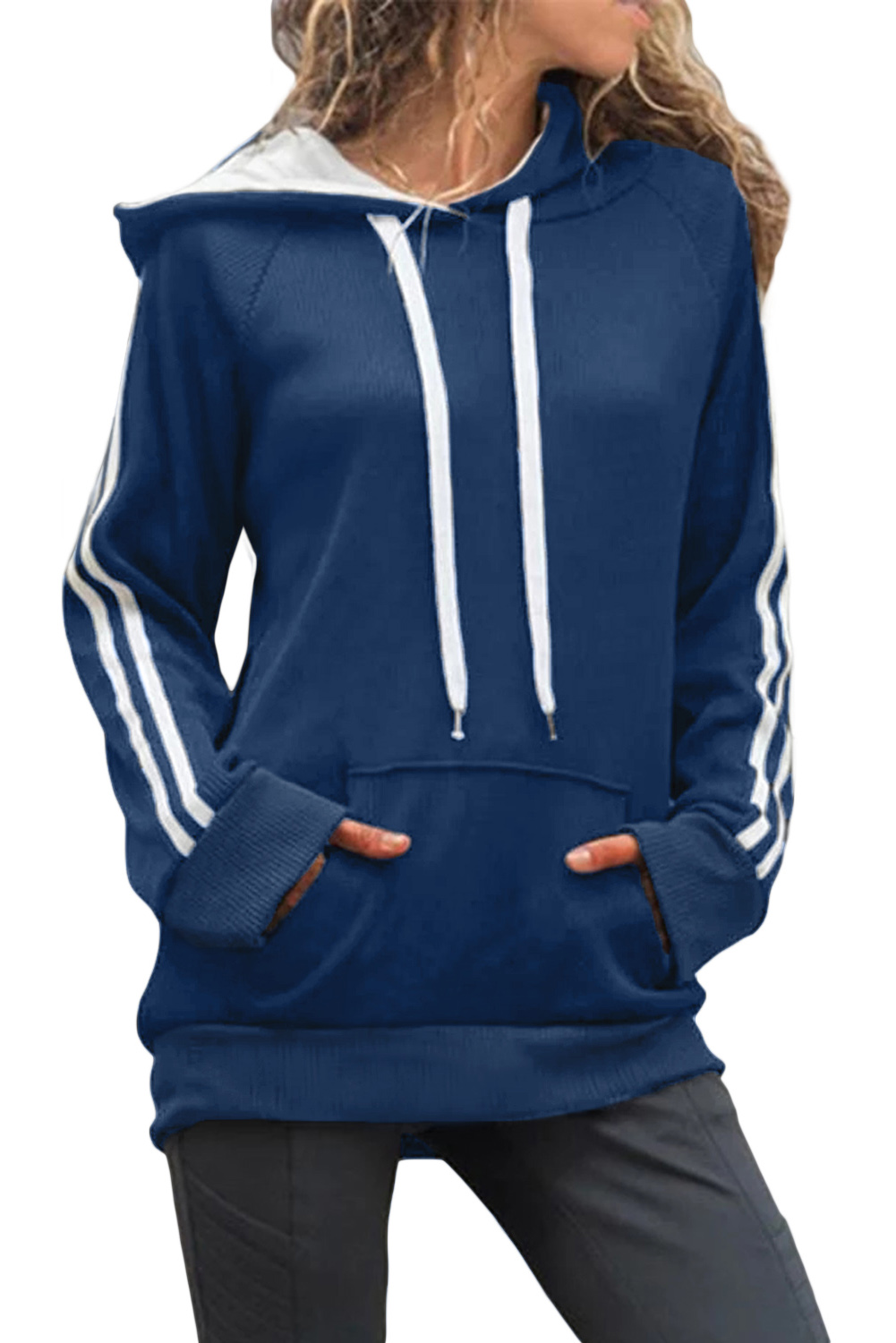 Blue Basic Cotton Hoodie with Kangaroo Pocket
