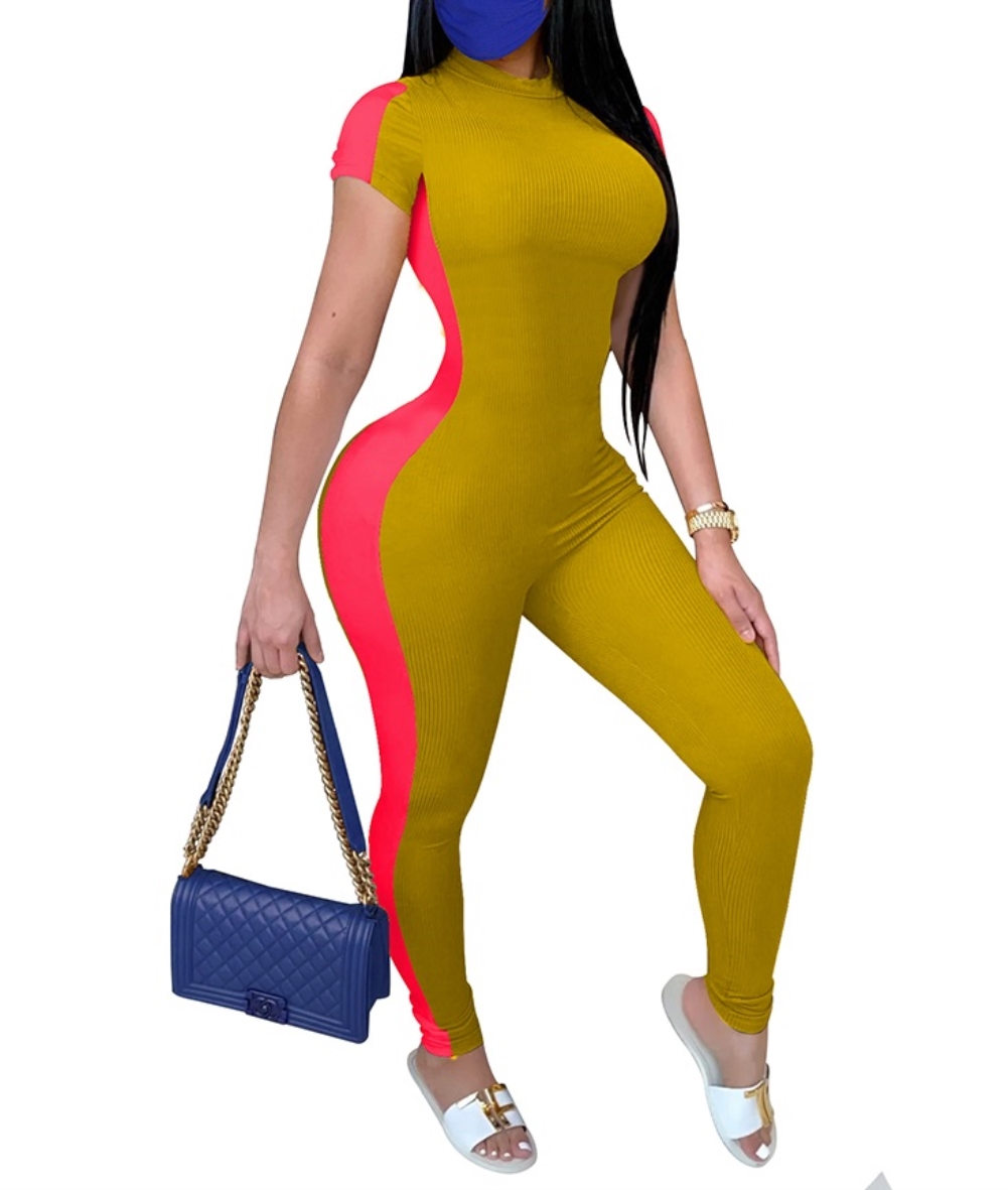 Sexy Short Sleeve Contrast Bodycon Jumpsuit