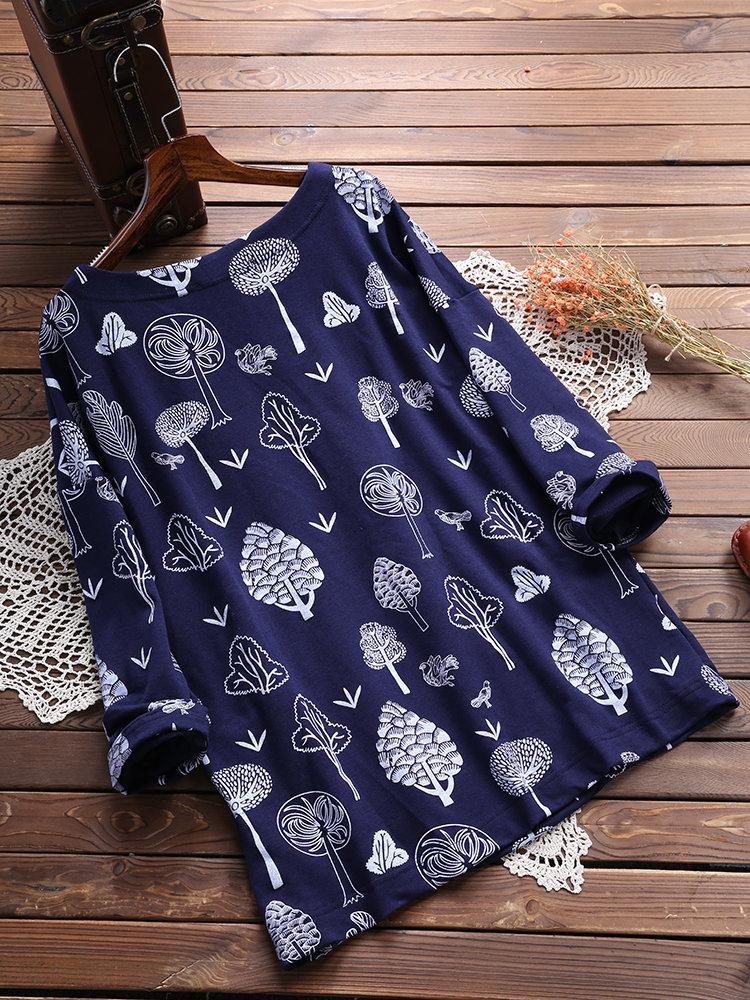 Long Sleeve Floral Round Neck Casual Tops