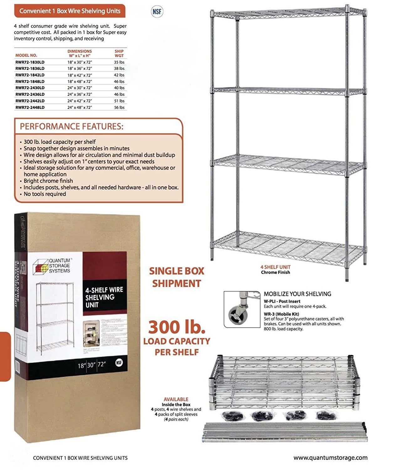 Quantum Storage Systems RWR72-2448LD Economy Four Shelf Wire Shelving Unit, 24x22 x 48x22 x 72x22