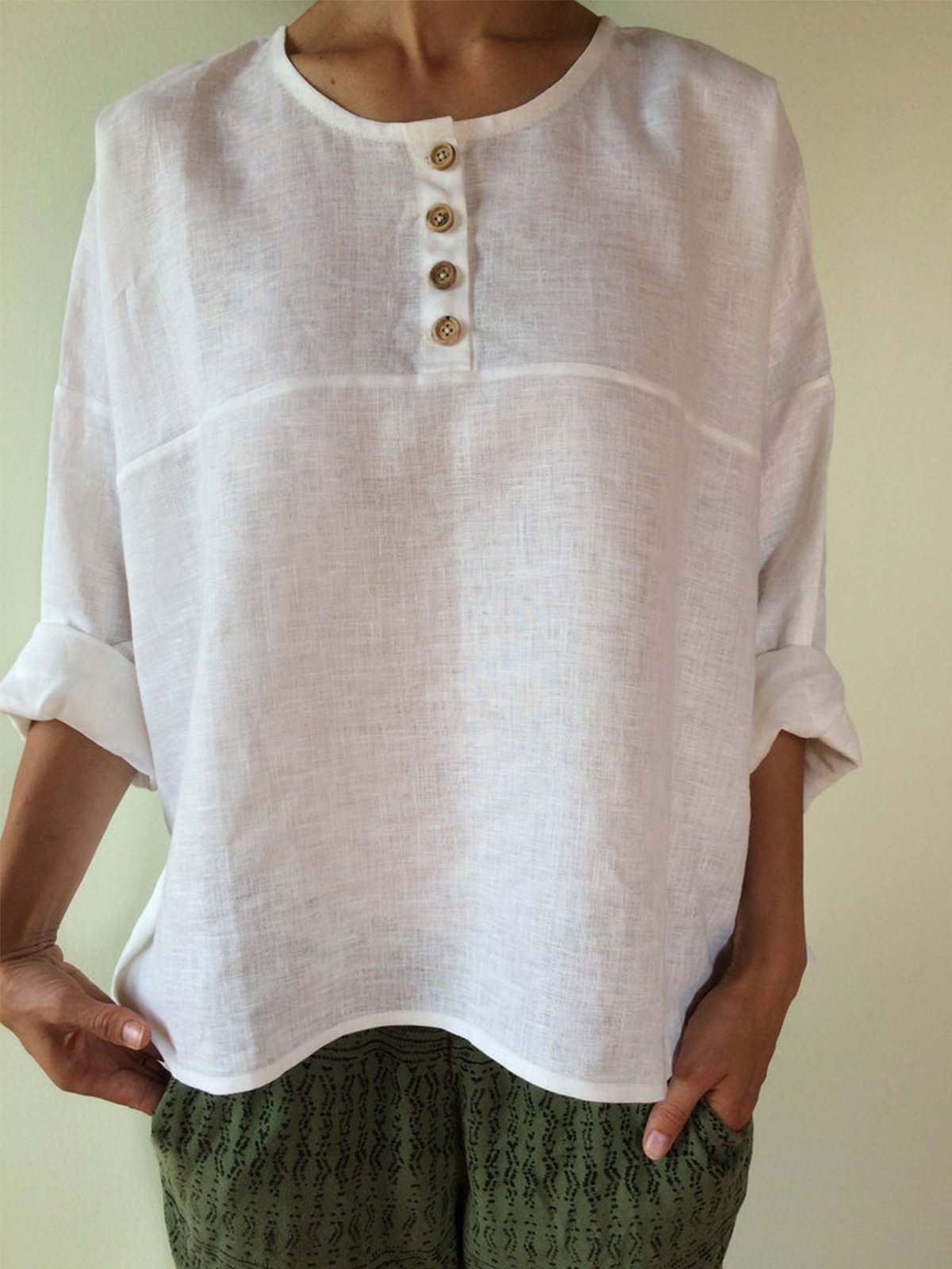 Linen Solid Long Sleeve Shirts & Tops