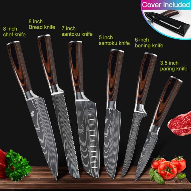 Kitchen knives Set Professional Chef Knives Stainless Steel Imitation Damascus Pattern Santoku Cleaver Slicing Utility Knives