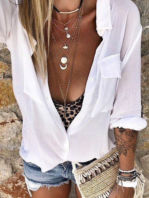 White Cotton Casual Plain Shirts & Tops