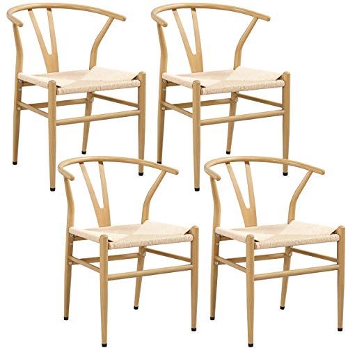 Set of 4 Weave Chair Mid-Century Metal Dining Chair Y-Shaped Backrest Hemp Seat
