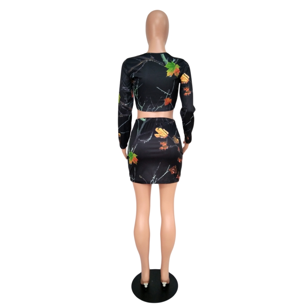 Print Black Long Sleeve Crop Top and Mini Skirt