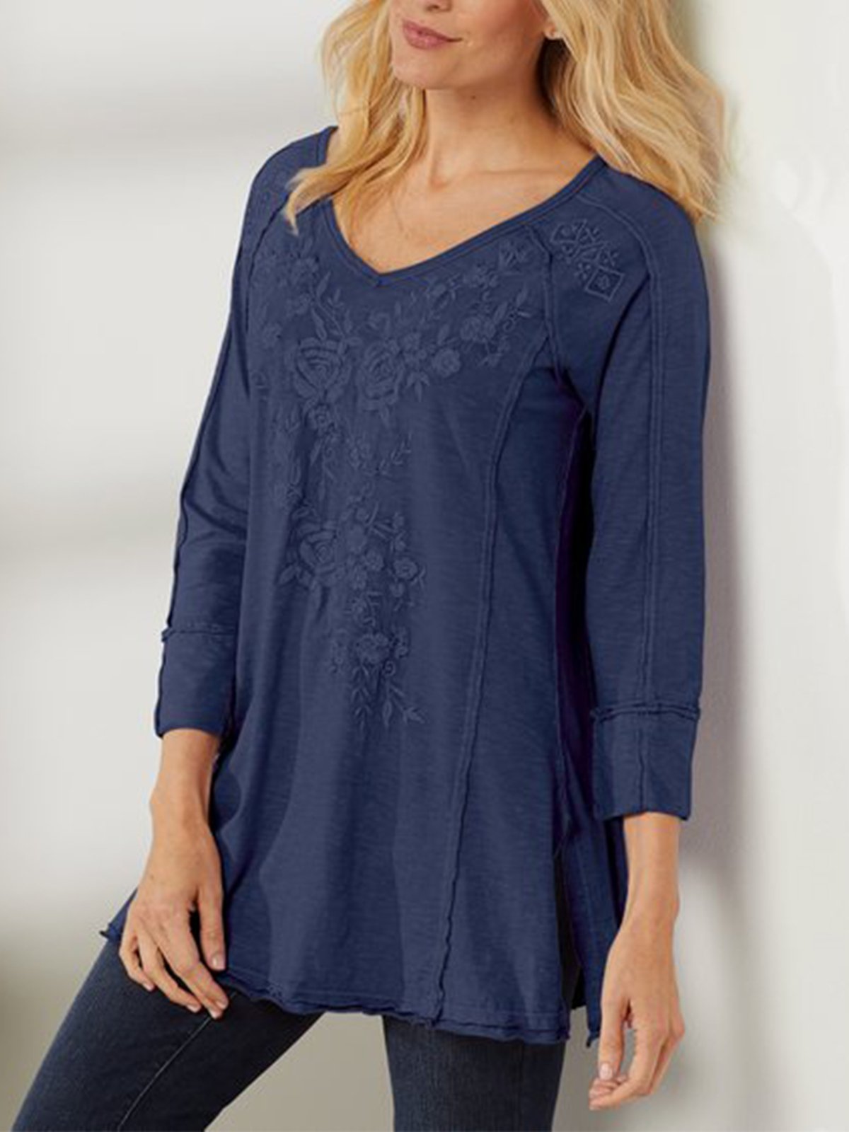 Floral-Embroidered Casual Shirts & Tops