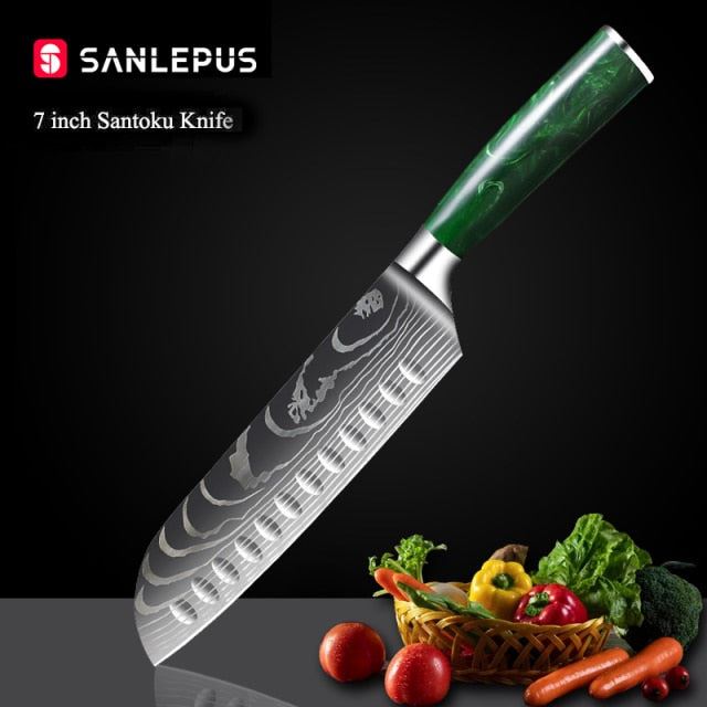 1-10 Pcs Chef Knife Set Kitchen Knives Laser Damascus Pattern Sharp Japanese Santoku Knife