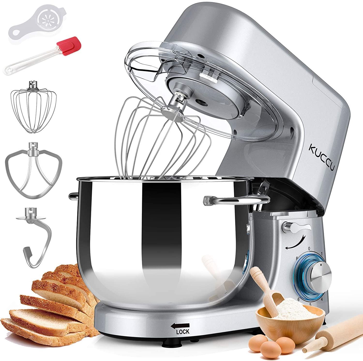 Kuccu Stand Mixer, 8.5 Qt 660W, 6-Speed Tilt-Head Food Dough Mixer,8.5-QT / SILVER
