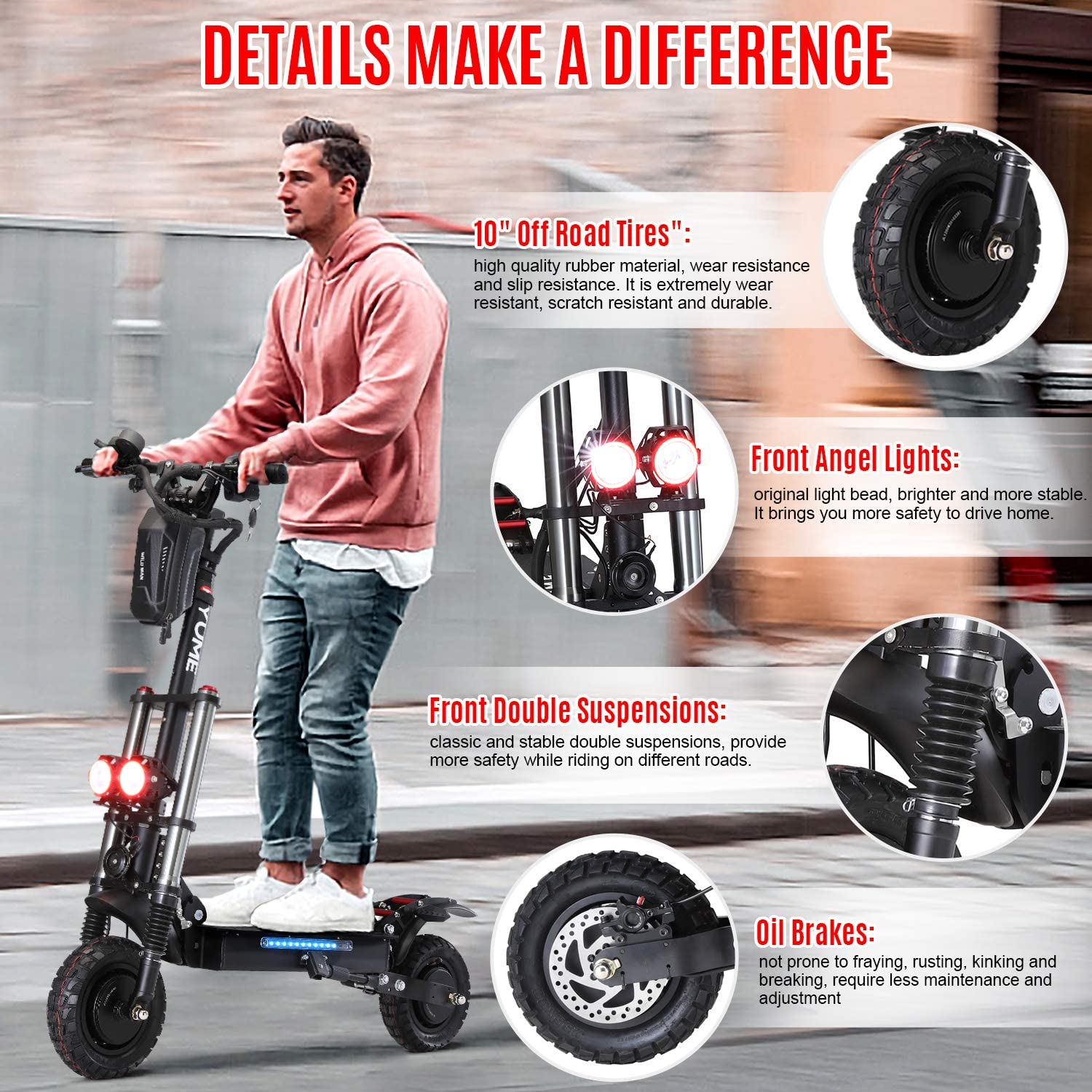 Yume Y10 Adult Electric Scooter Double Suspensions Dual Motor 23.4AH Battery 52V 2400W up to 40 MPH 40 Miles Fast Sports Scooter 10  Off Road Tires 265lbs Max Loading Foldable Escooter