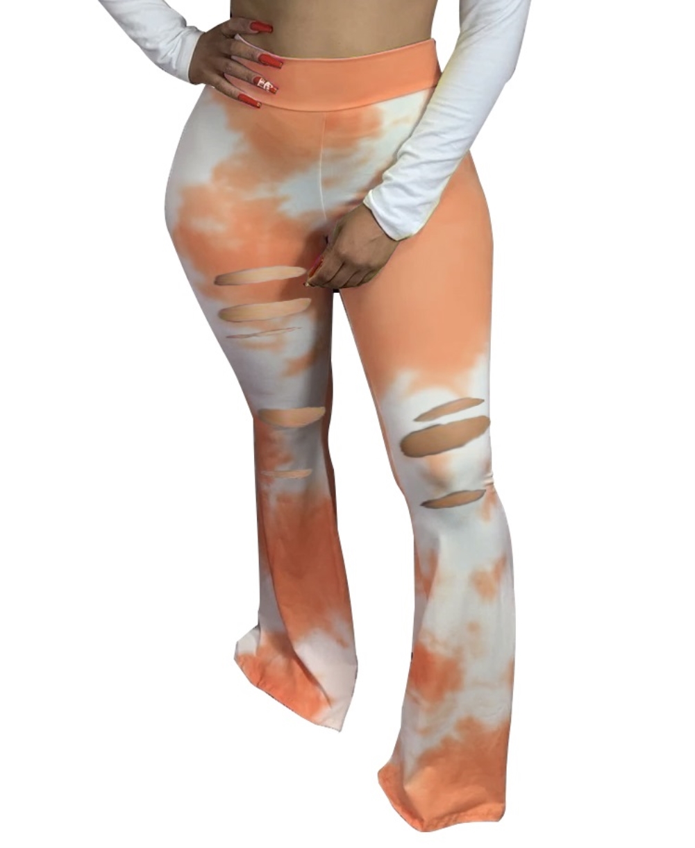 Bell Bottom Tie Dye High Waist Rip Trousers