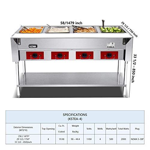 110V Food Warmer Commercial- Stainless Steel Steam Table, 4 Top Opening