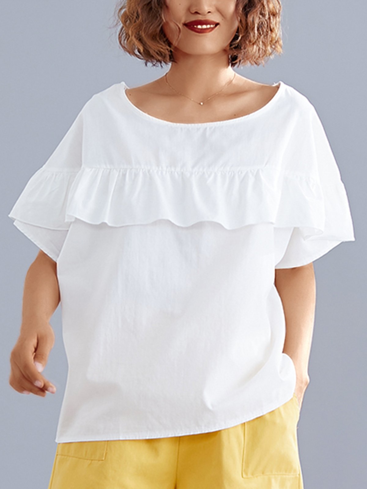 Plus Size Women Short Sleeve Round Neck Solid Casual Tops