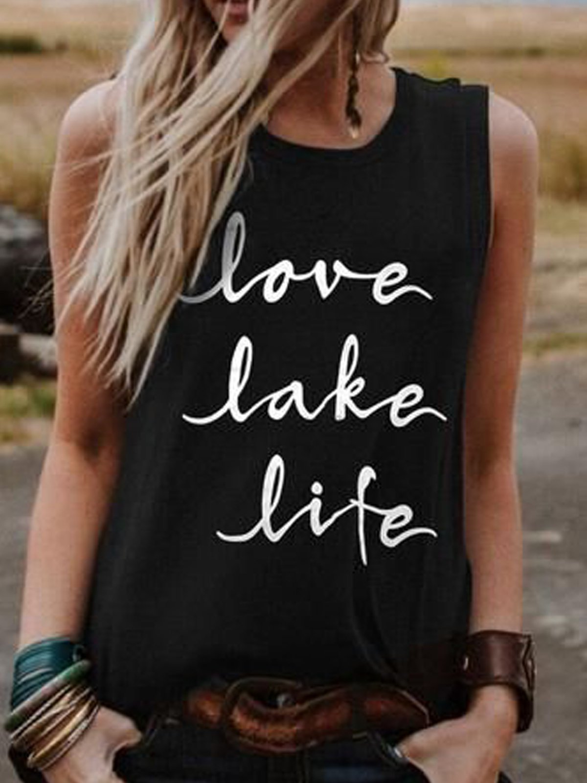 Black Sleeveless Letter Crew Neck Shirts & Tops