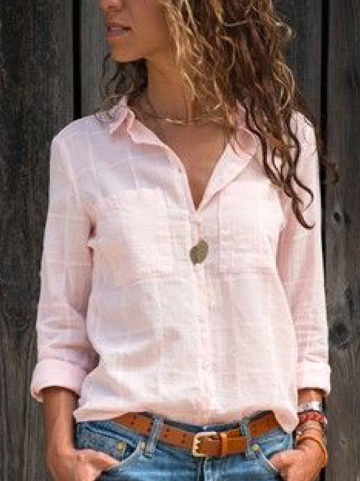 Shirt Collar Cotton-Blend Casual Shirts & Tops