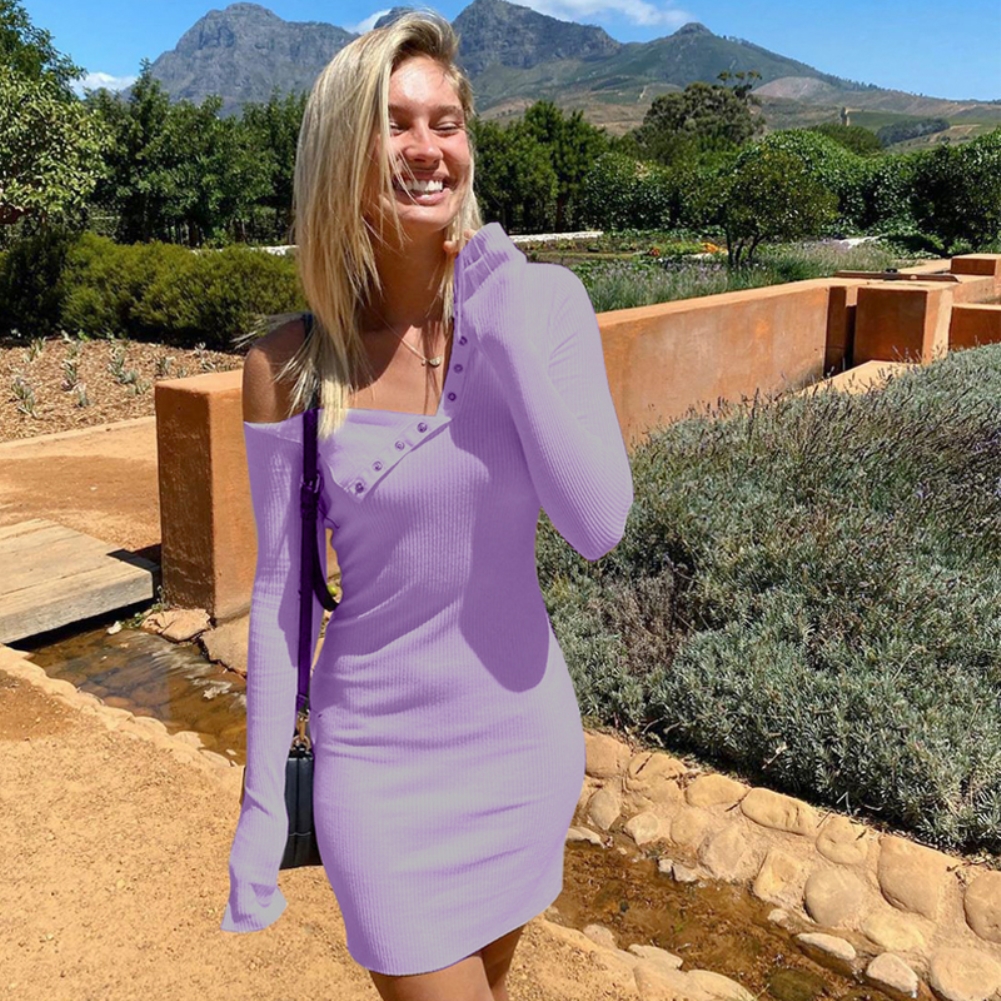 Long Sleeve Plain Knitted Mini Dress