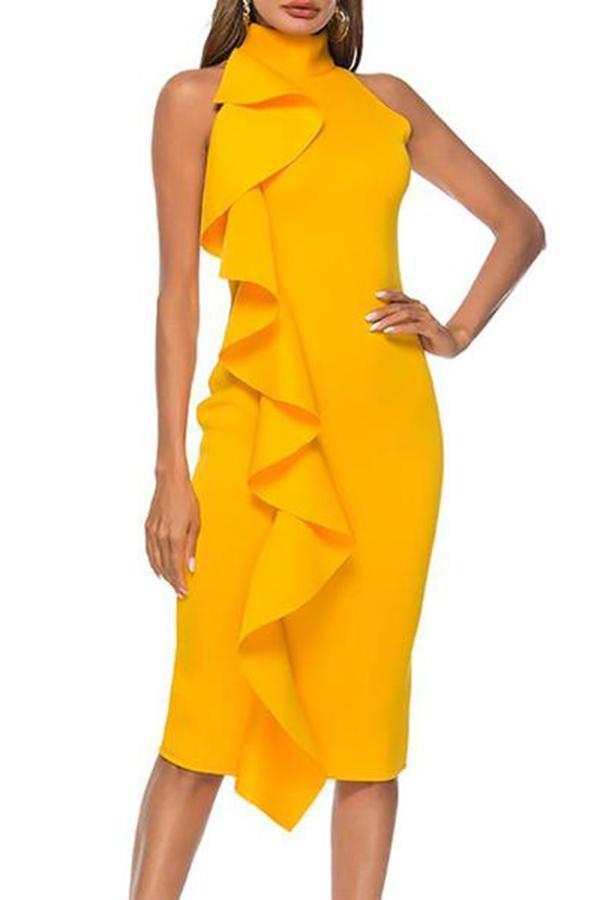 Sexy Ruffled High Collar Sleeveless Pure Colour Bodycon Dresses