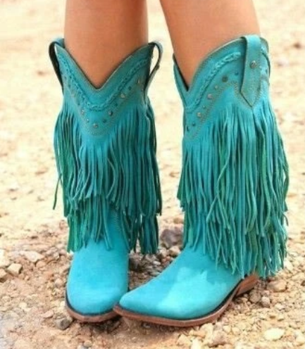 Plus Size Tassel Vintage Leather Chunky Heel Cowboy Boots