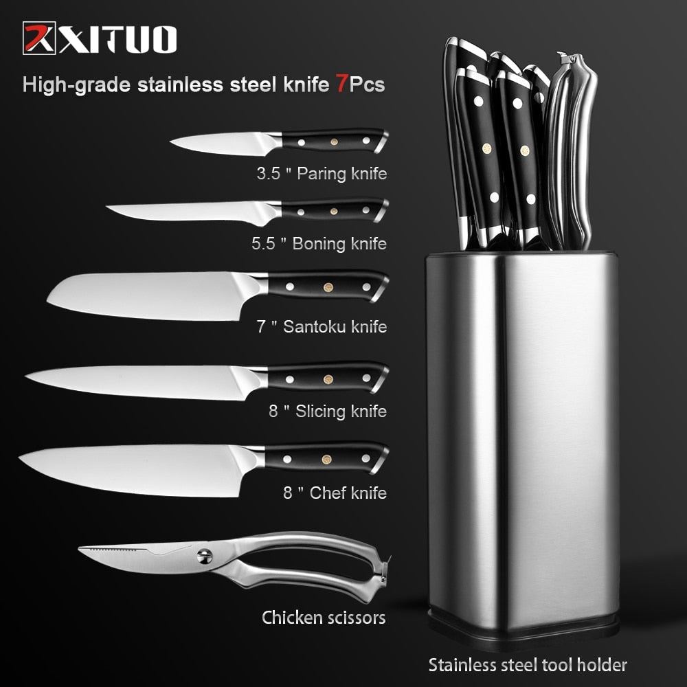 7PCS Kitchen Knife Set German Steel Chef's Knife Santoku Meat Cleaver With Scissors Knife Holder