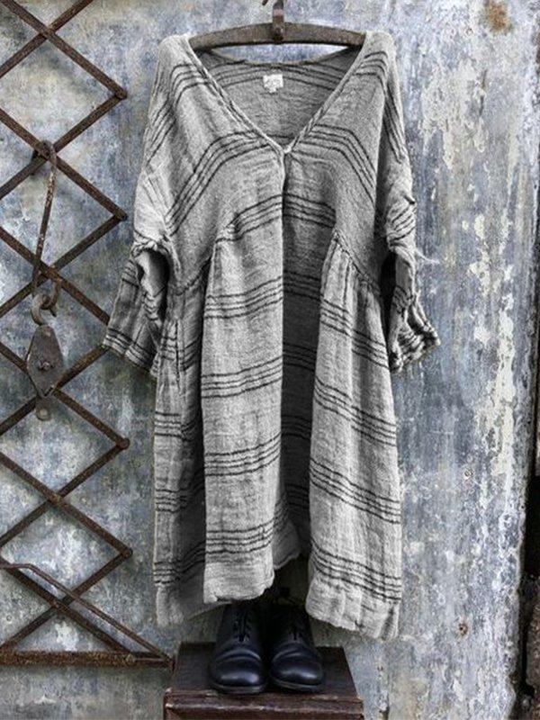 Casual Linen V-Neck 3/4 Sleeve Striped Plus Size Bat Sleeve Tops