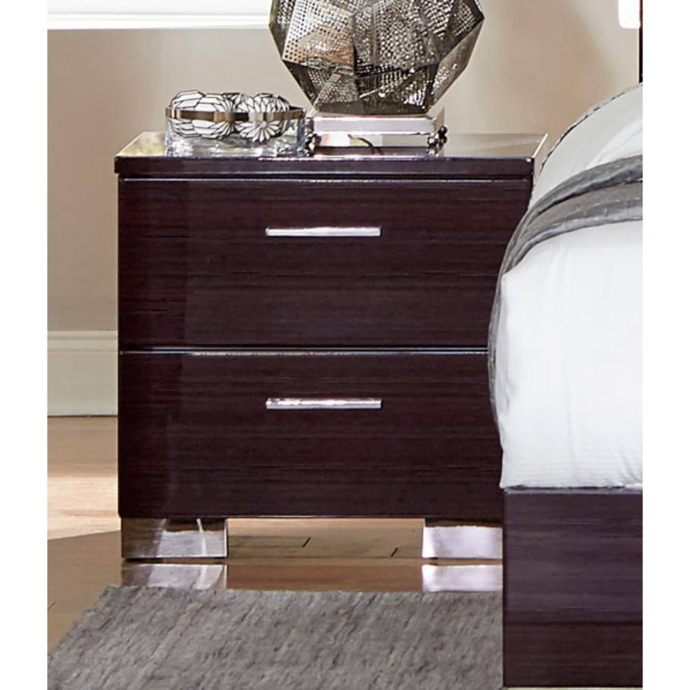 Benzara Bm188567 Transitional Style Two Drawer Wooden Night Stand with Metal Block Legs Brown and Silver
