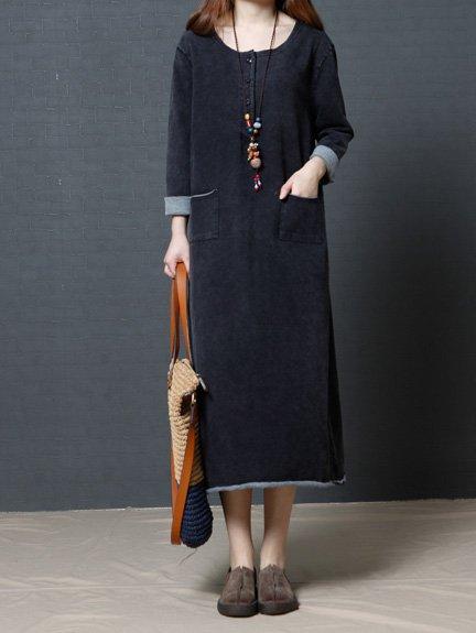 Fashhion Long Sleeve Women Loose Linen Cotton Casual Dress