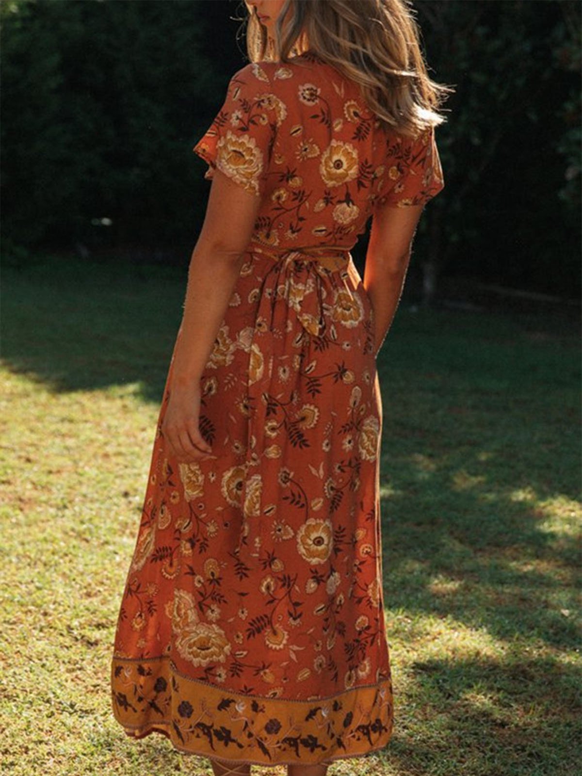 Yellow Floral-Print Short Sleeve Dresses