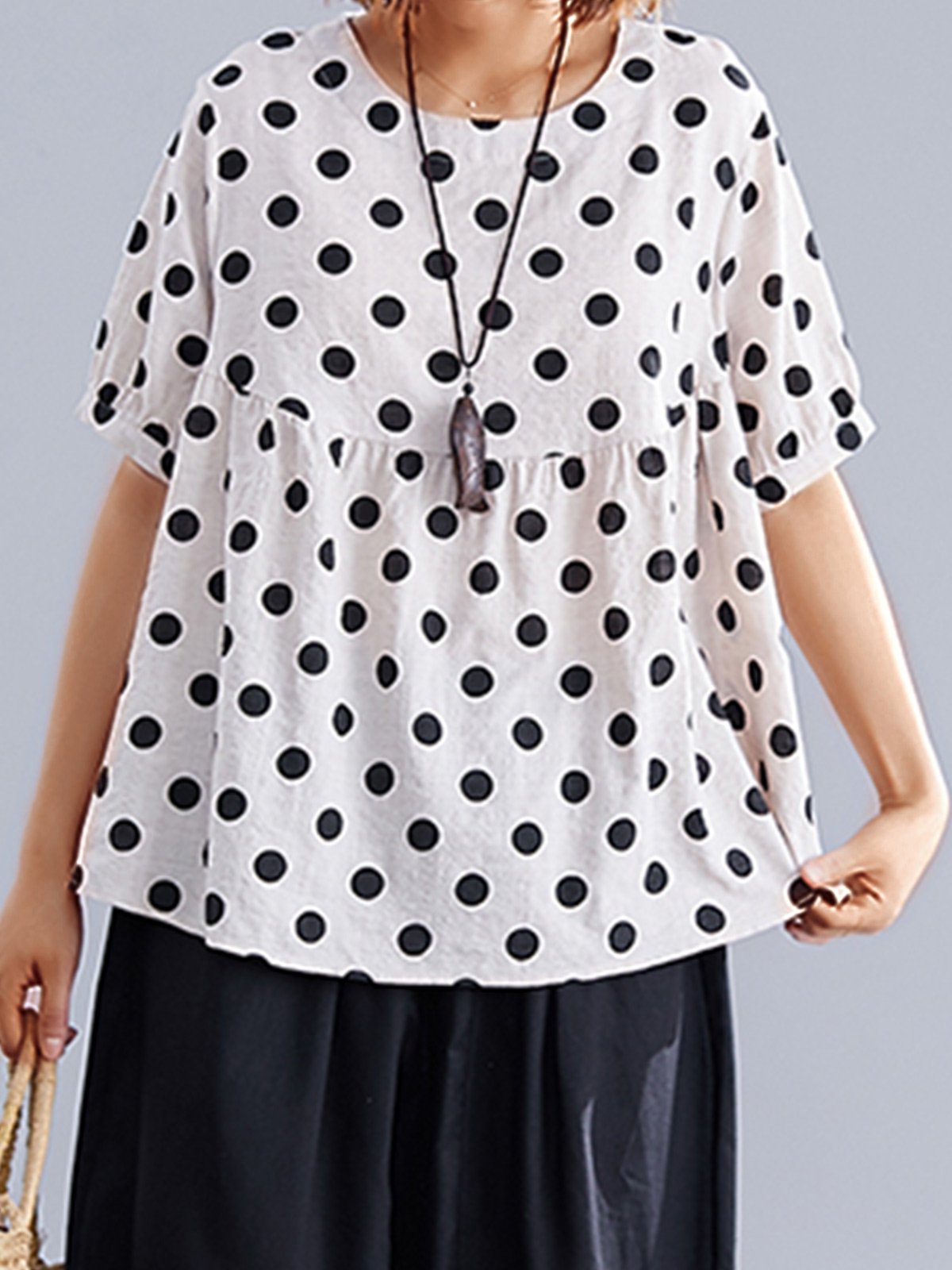 Plus Size Women Short Sleeve Round Neck Polka Dots Casual Tops