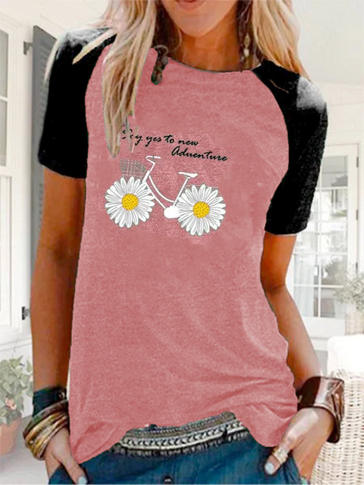 Casual short sleeve stitching printed T-shirt