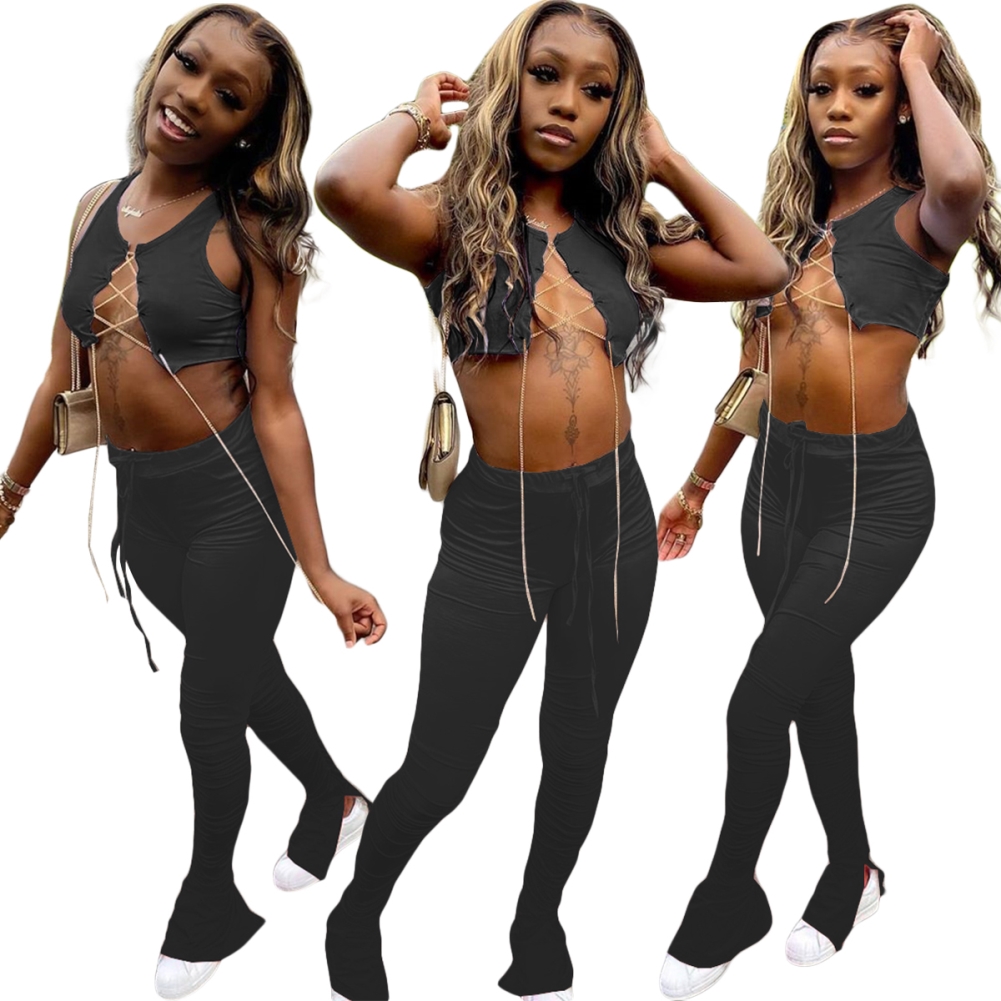 Sexy Lace Up Crop Top and High Waist Stacked Legging Set