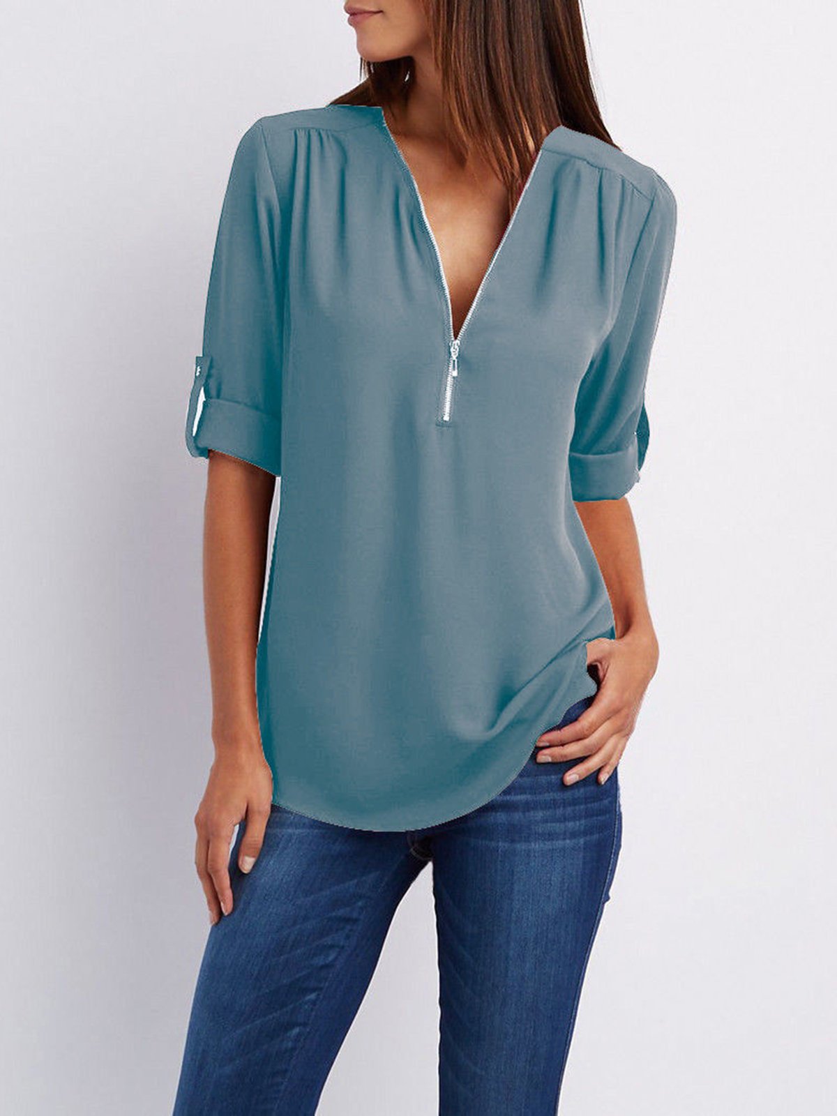 Chiffon Half Sleeve Zipper Solid V neck High Low Plus Size Blouse