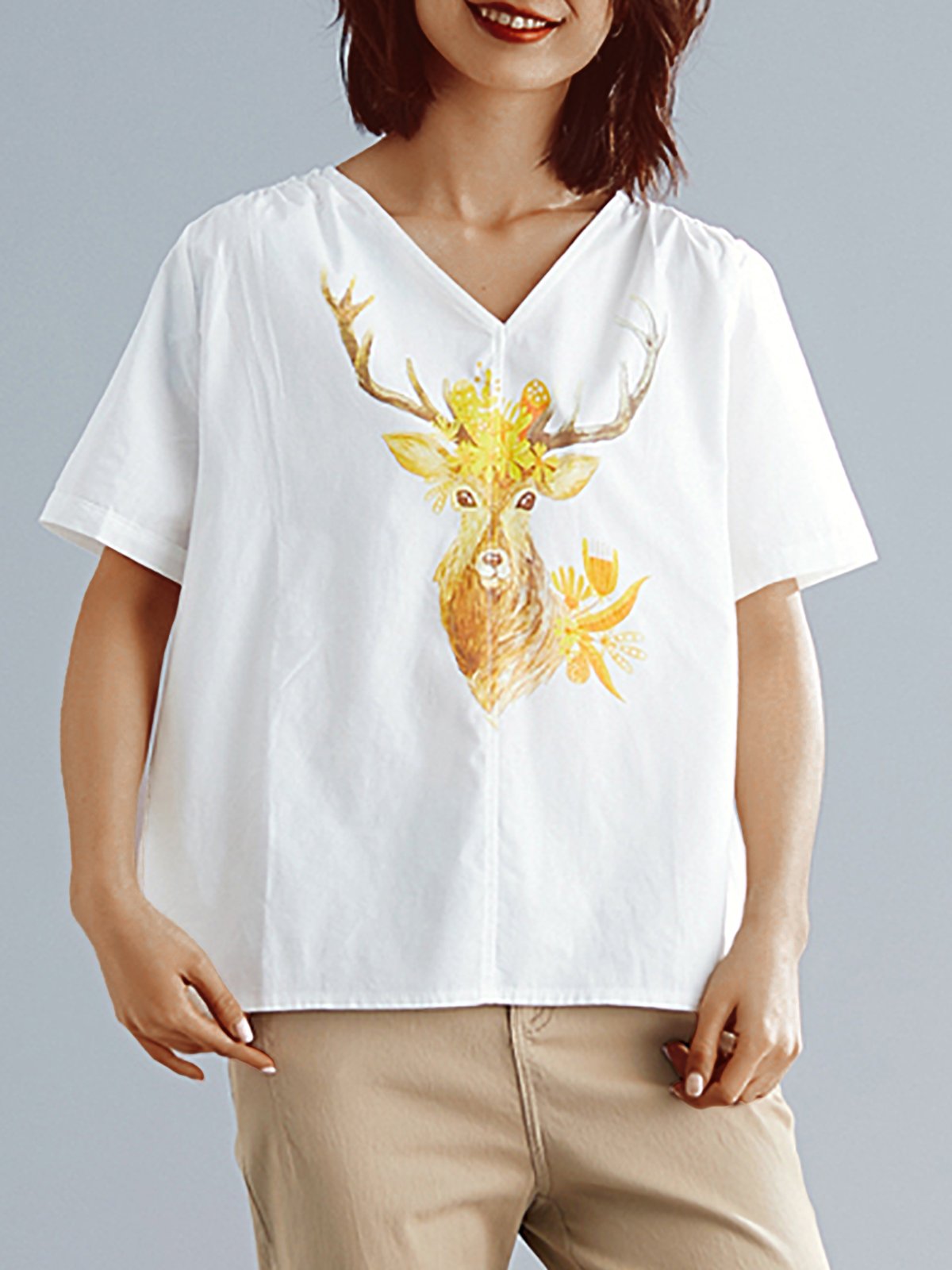 Plus Size Women Floral Short  Sleeve  V-Neck Cotton And Linen Loose Casual Top