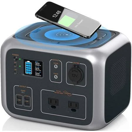 Wattfun 500Wh Portable Power Station, Solar Power Generator, 300W Lithium Battery Backup, 2 AC Outlet 110V, Wireless Charging, T