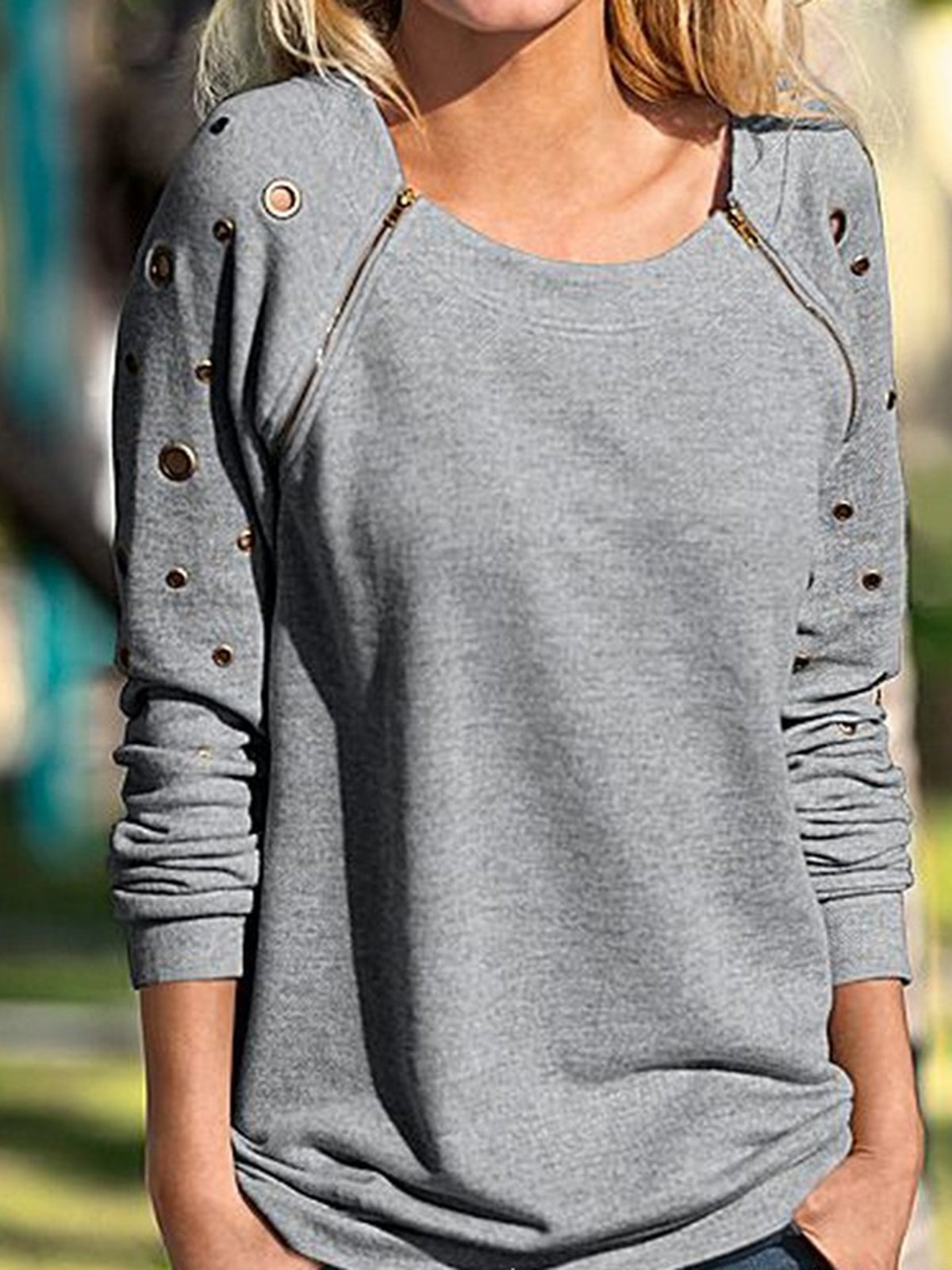 Zipper Crew Neck Casual Hoodies & Sweatshirt