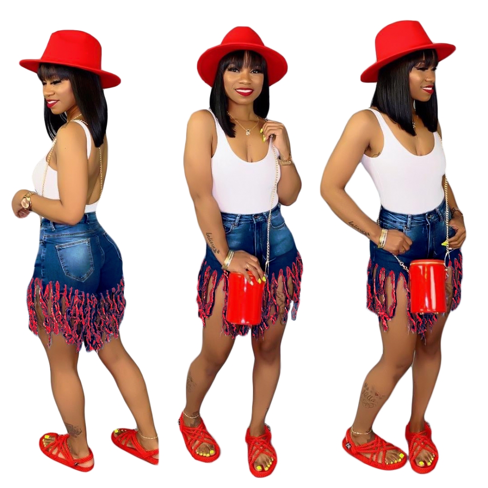 Stylish High Waist Tassels Denim Shorts