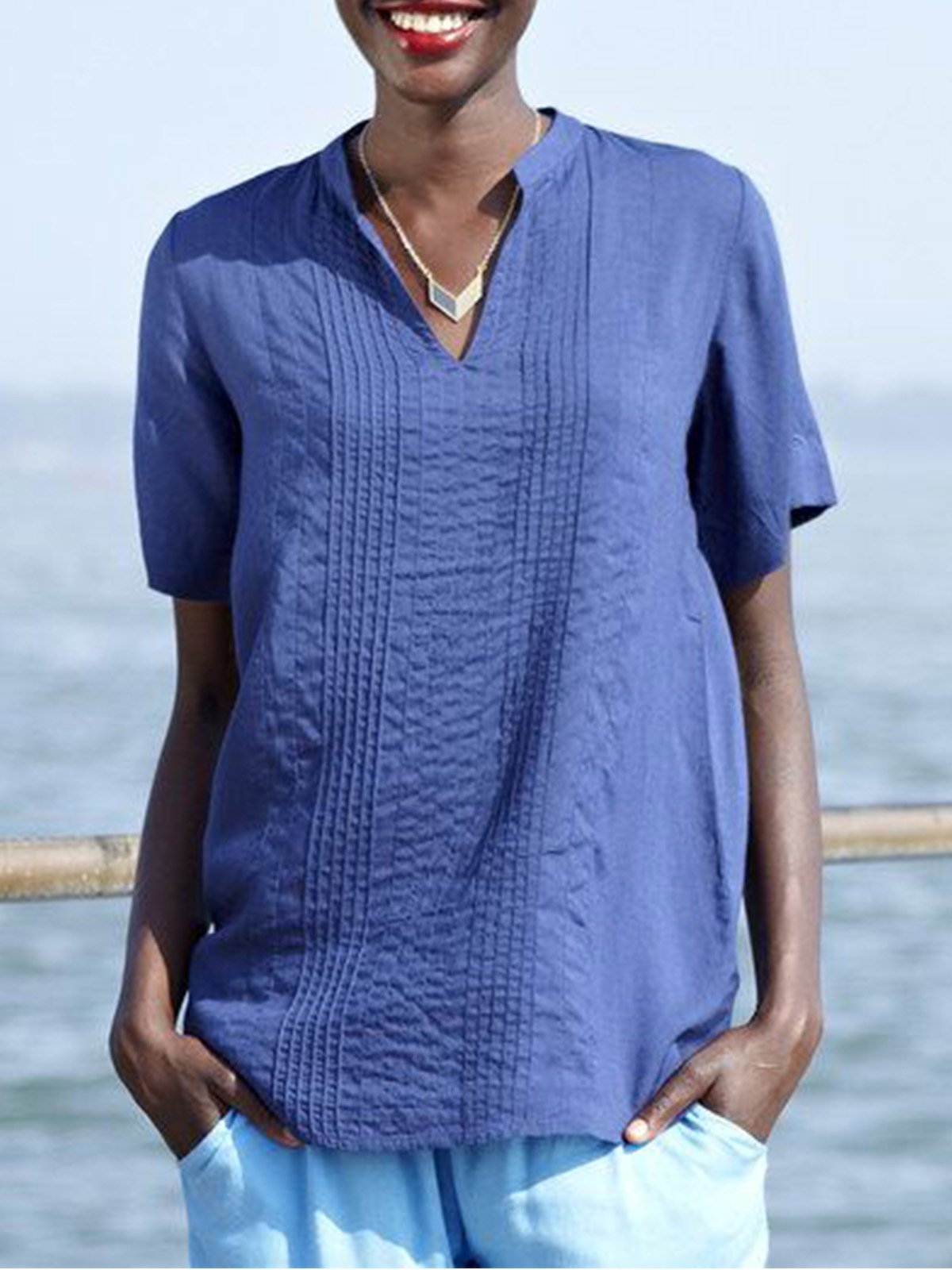 Plus Size Casual V Neck Short Sleeve Solid Tops