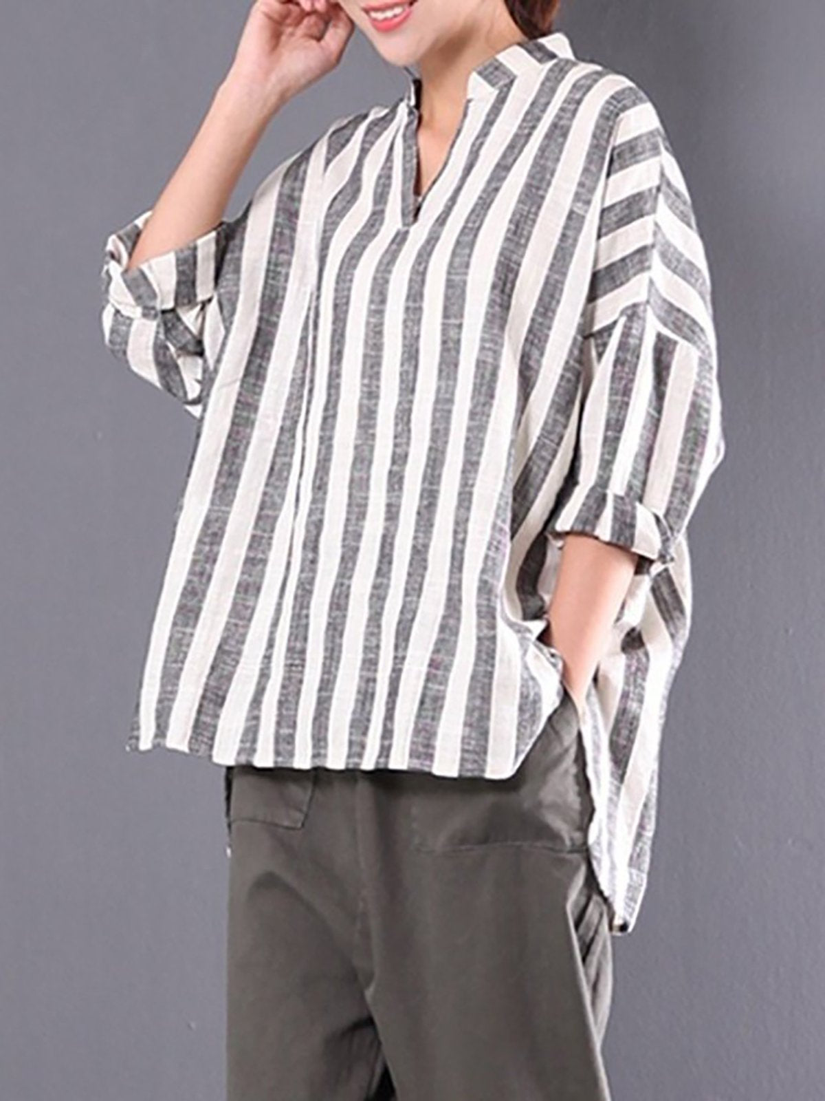 V neck Stripe Striped Casual Linen Blouse
