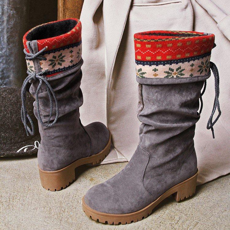 Women Vintage Printed Artificial Nubuck Holiday Lace-Up Boots