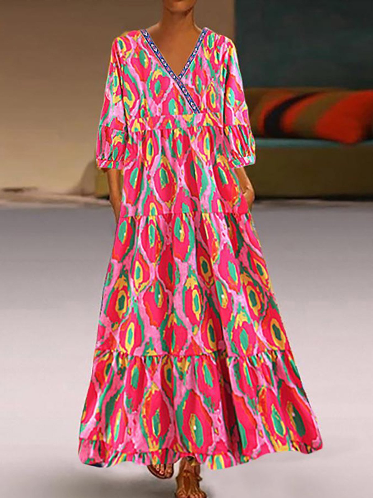 V Neck Printed Half Sleeve Holiday Dresses