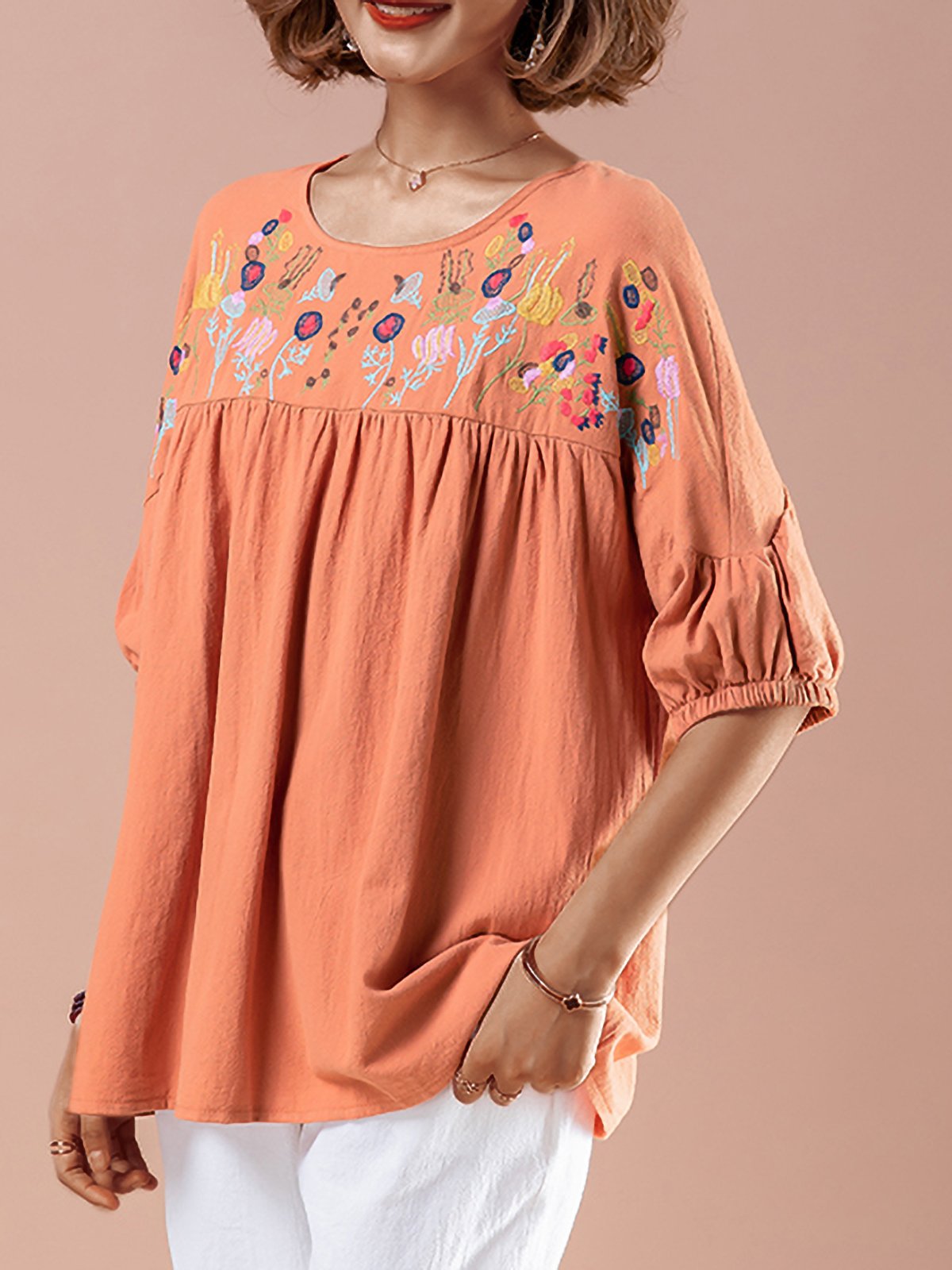 Plus Size Women Embroidered Round Neck Half Sleeve Loose Casual Cotton Shirt Tops