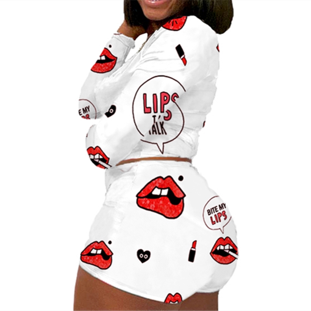 Lips Print Long Sleeve Crop Top and Shorts Set