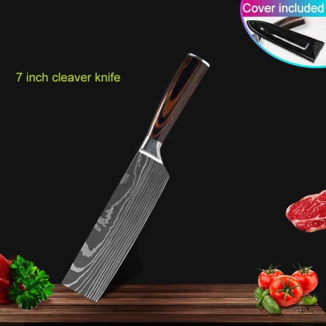 Kitchen knives Set Professional Chef Knives Stainless Steel Imitation Damascus Pattern Santoku Cleaver Slicing Utility Knives