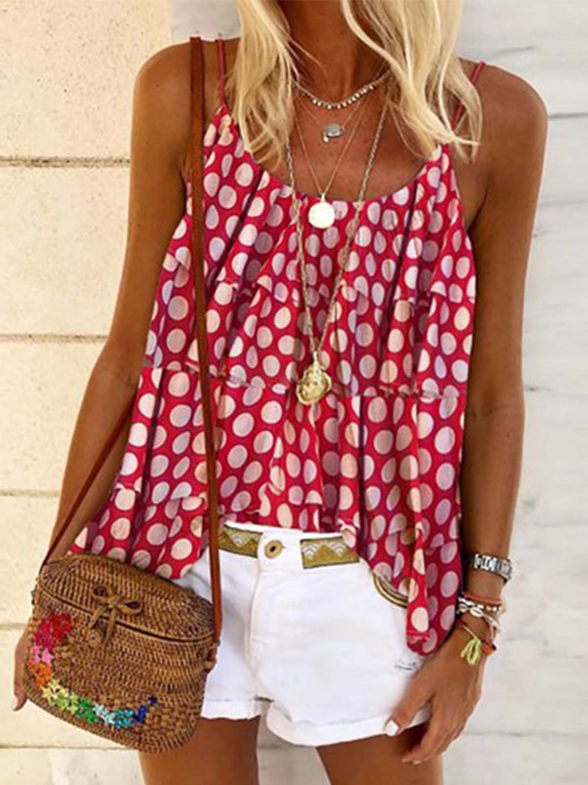 Round Neck Polka Dots Sleeveless Holiday Shirts & Tops