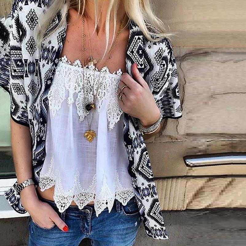 Bohemian Printed Short Sleeve Cardigan Lace Vest Suits