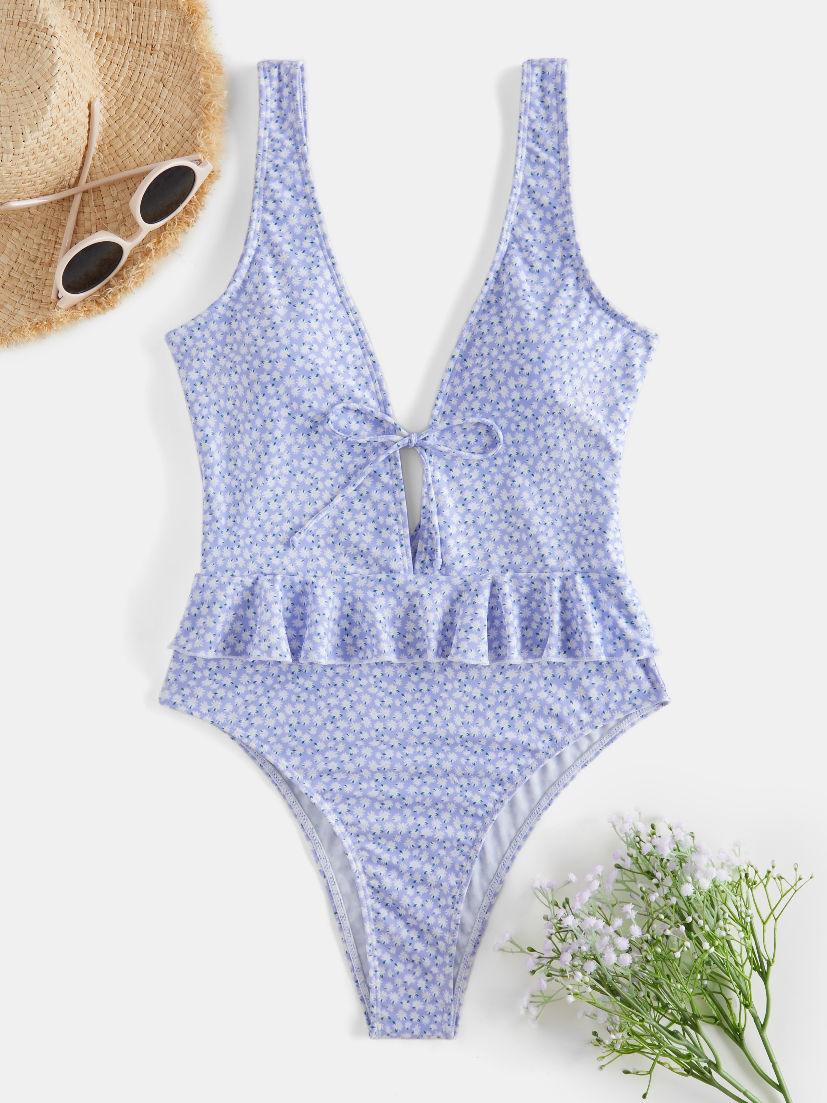 Ruffle Plunging Collar Floral Print One-Piece Swimwear