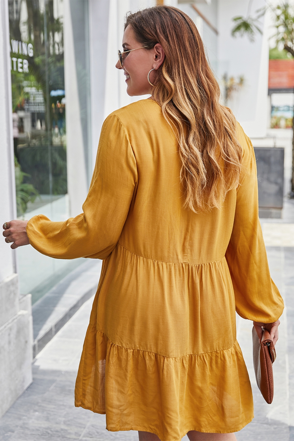 Plus Size V Neck Casual Plain Dress with Sleeves